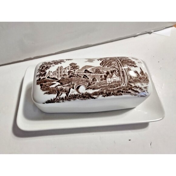 Studio J. & G. Meakin Ironstone Lidded Butter Dish, Brown Rural England Scene - Picture 9 of 12